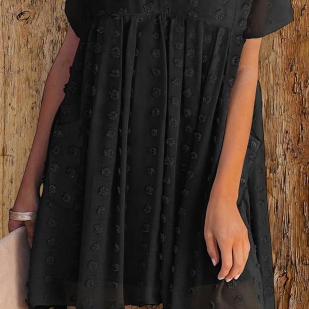 Women's Black Swiss Dot Babydoll Dress Medium Boho Flowy V Neck Mini Dress